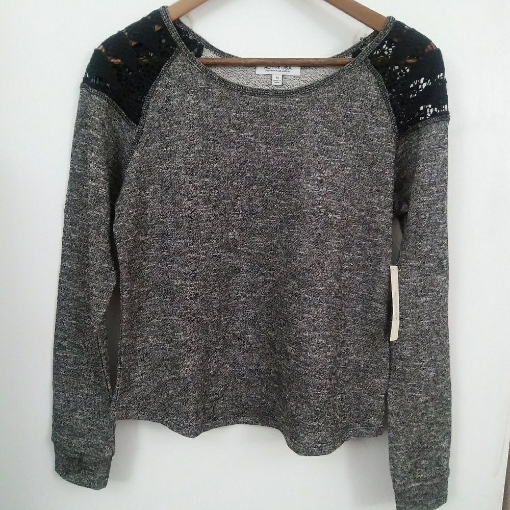 Raglan Sweatshirt w/Crochet Lace Shoulder Cut-Outs